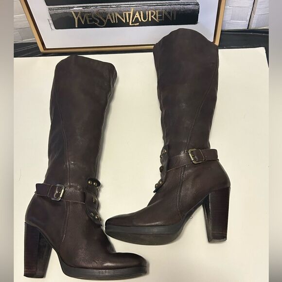 Vintage Brown soft leather studded high boots Size 7 - Picture 6 of 9
